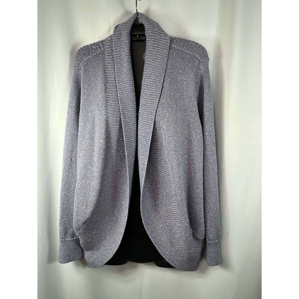 Chico's Sweater Cardigan Womens 2 L Purple Metallic Open Front Shawl Collar Knit
